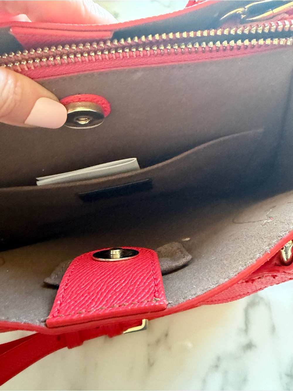 Furla Red Leather Double-Compartment satchel purse with Gold Hardware - Picture 6 of 7